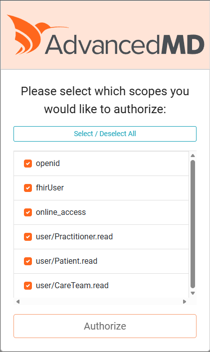 AdvancedMD screen asking which scopes to authorize for a provider sign-in