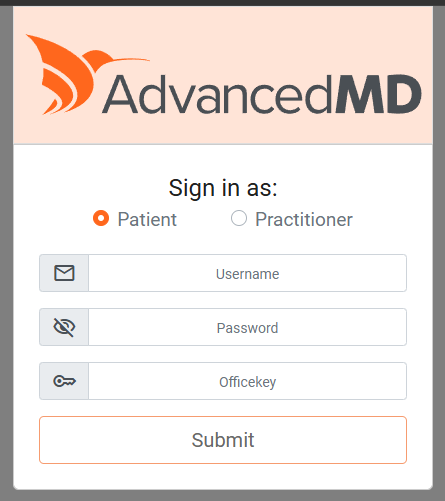 AdvancedMD sign-in form with Patient selected and username, password, and office key fields
